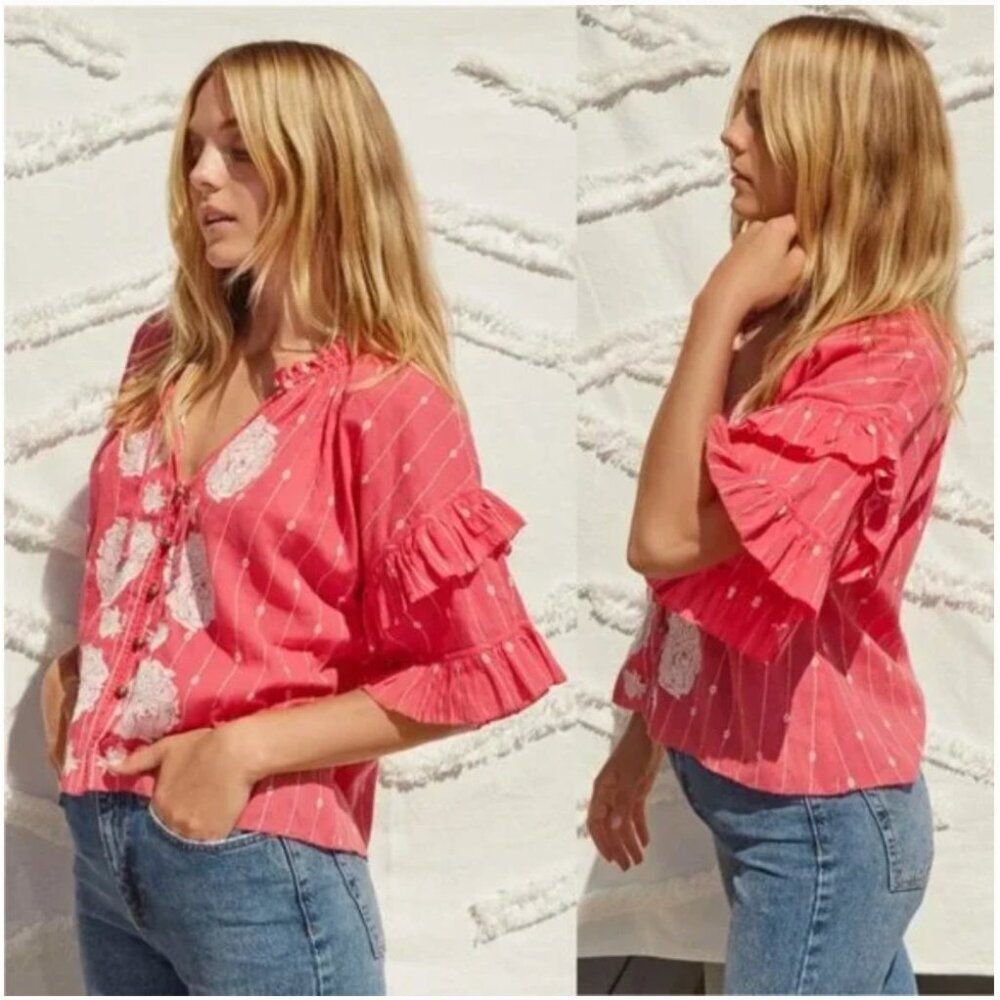 Saylor Kaye Blouse Womens Medium Pink Ruffle Sleeve Button Front Floral Boho